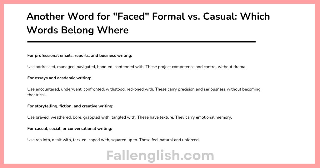 Another Word for "Faced" Formal vs. Casual: Which Words Belong Where